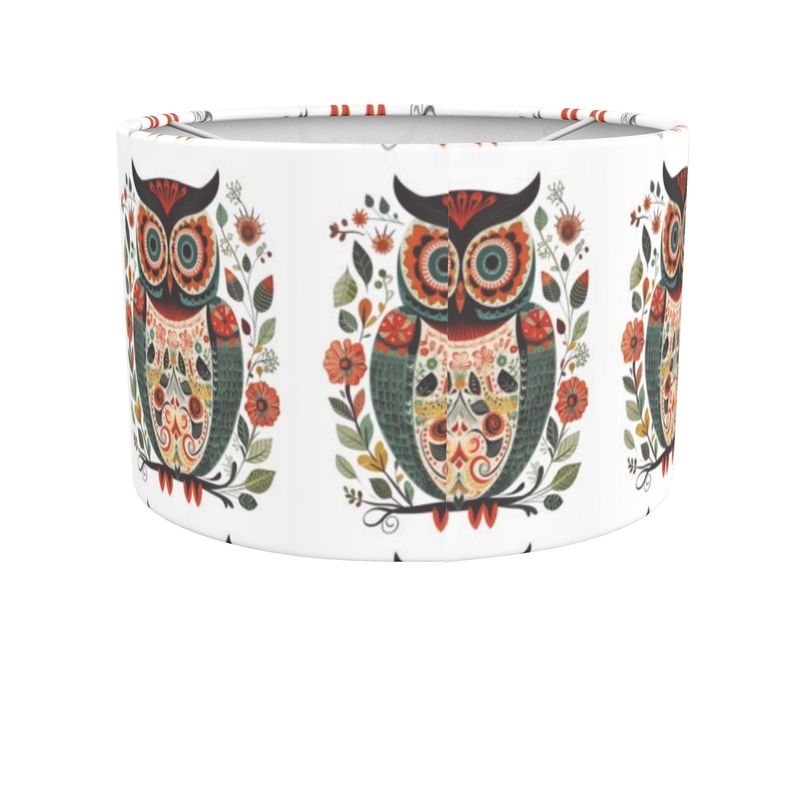 Drum lamp shade, folk art owl design